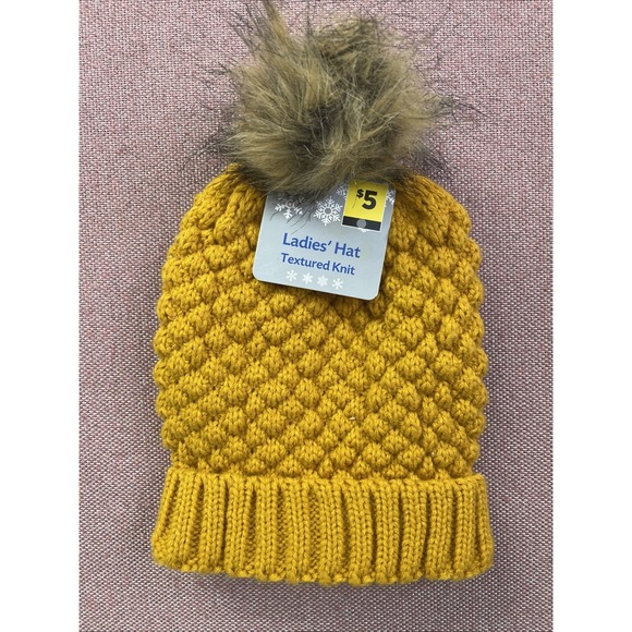The Unbranded Brand Accessories - New Ladies Winter Hat Beanie Textured‎ Knit With Faux Fur Pom Mustard Yellow